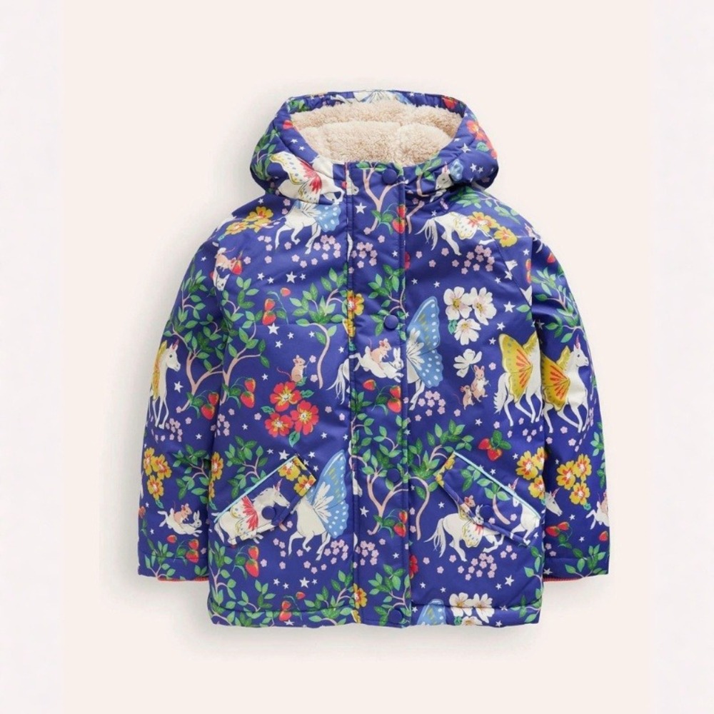 Mini Boden Girls Blue Unicorn Sherpa Lined Anorak Puffer Jacket Size 6-7Y